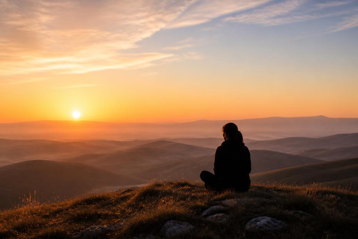 A person sitting peacefully on a hilltop at sunrise, symbolising clarity, resilience and realistic optimism